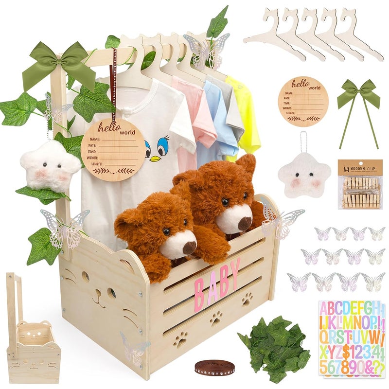 FVNPIHAM Wooden Baby Shower Crate Closet, Cute Cat Baby Shower Closet Basket with Handle, Gender Reveal Storage Box for Pregnancy New Parent, Personalized Baby Gifts Basket - Image 1